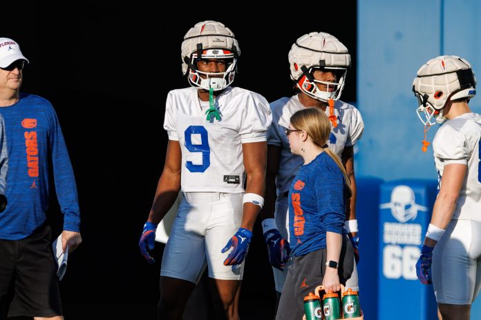 Florida Gators wide receiver J. Michael Sturdivant (9) looks on during spring football practice at Heavener Football Complex at the University of Florida in Gainesville, FL on Thursday, March 6, 2025.