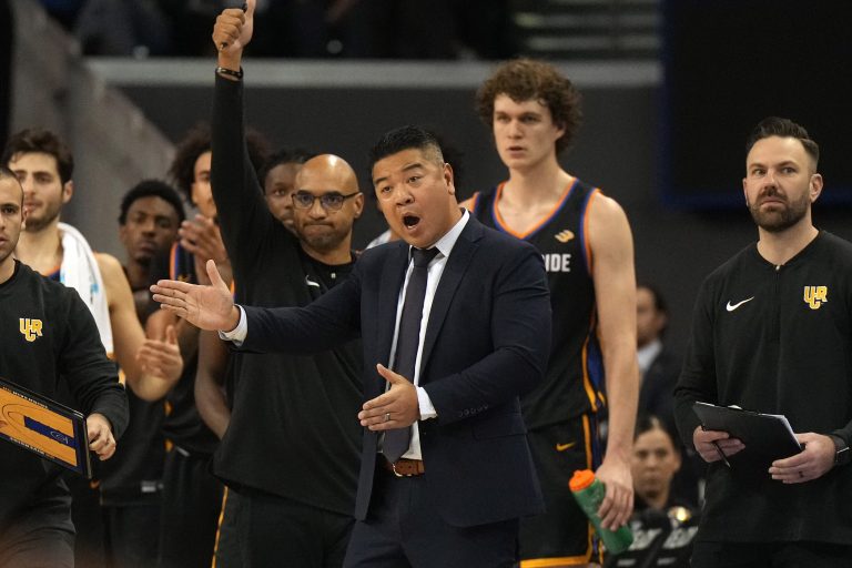 UC Riverside Highlanders head coach Mike Magpayo reacts against the UCLA Bruins in the first half at Pauley Pavilion presented by Wescom.