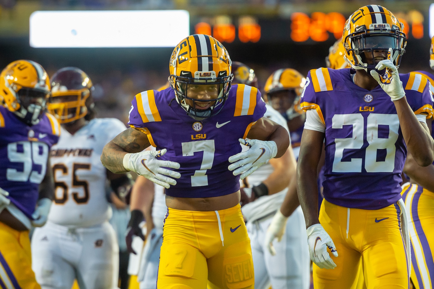 LSU Tigers cornerback Derek Stingley Jr. (7) reacts after making a tackle against the Central Michigan Chippewas at Tiger Stadium.