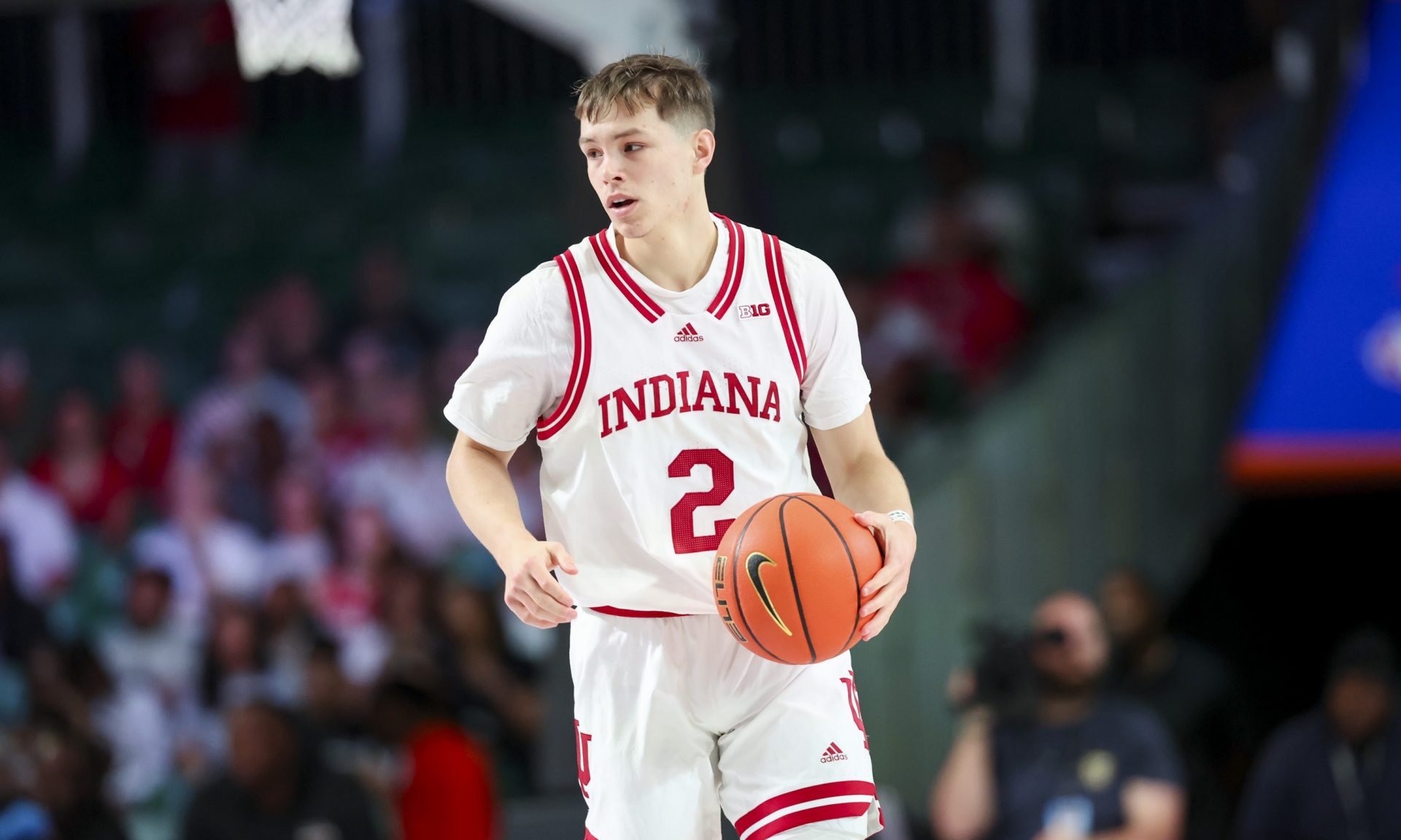 Indiana Hoosiers guard Gabe Cupps (2) dribbles against the Providence Friars during the first half at Imperial Arena at the Atlantis resort.