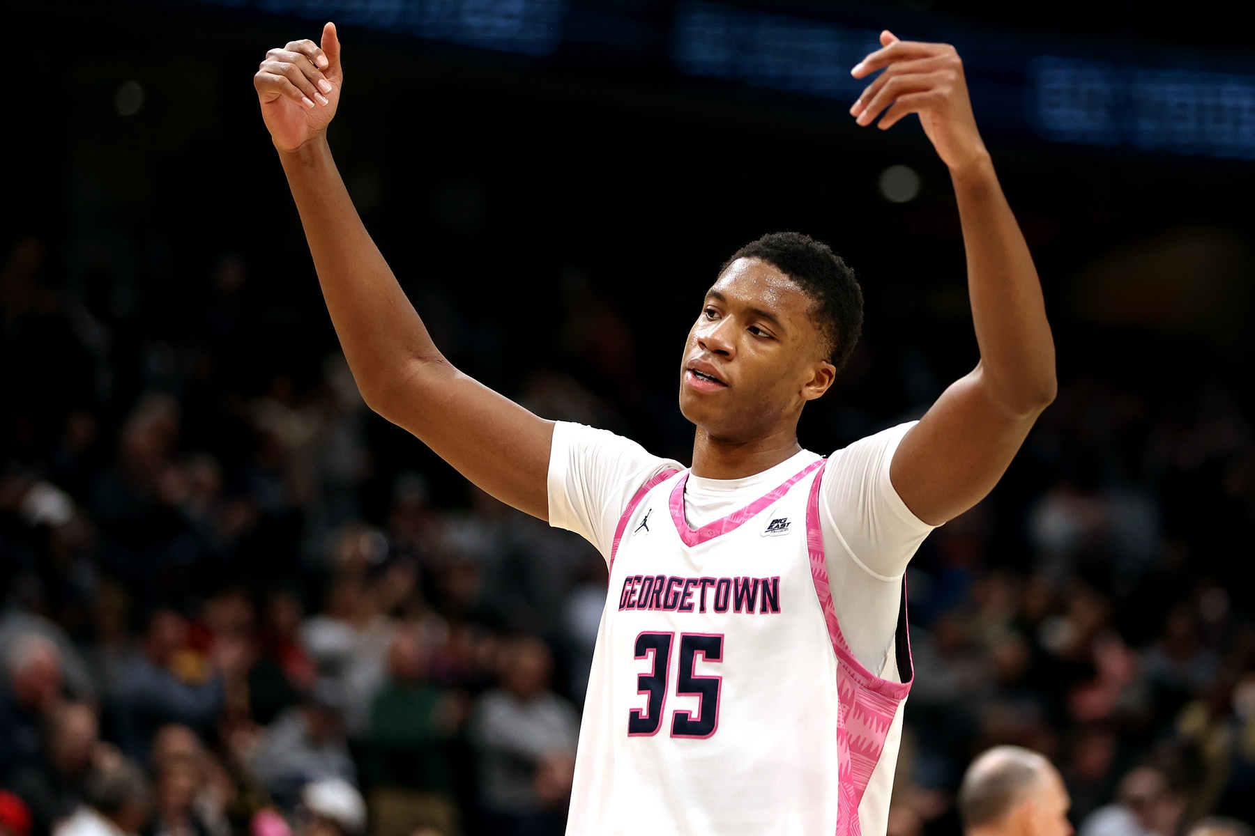 Georgetown Hoyas forward Thomas Sorber (35) celebrates during the second half against the Seton Hall Pirates at Capital One Arena.