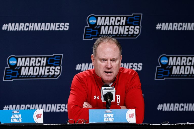 Wisconsin Badgers head coach Greg Gard during a press conference at Ball Arena.