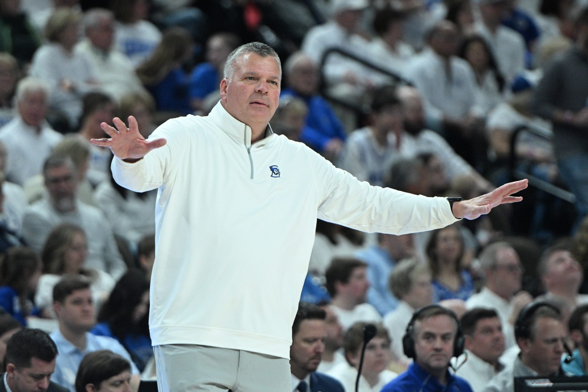 Creighton Bluejays head coach Greg McDermott signals the team against the Butler Bulldogs during the first half at CHI Health Center Omaha.