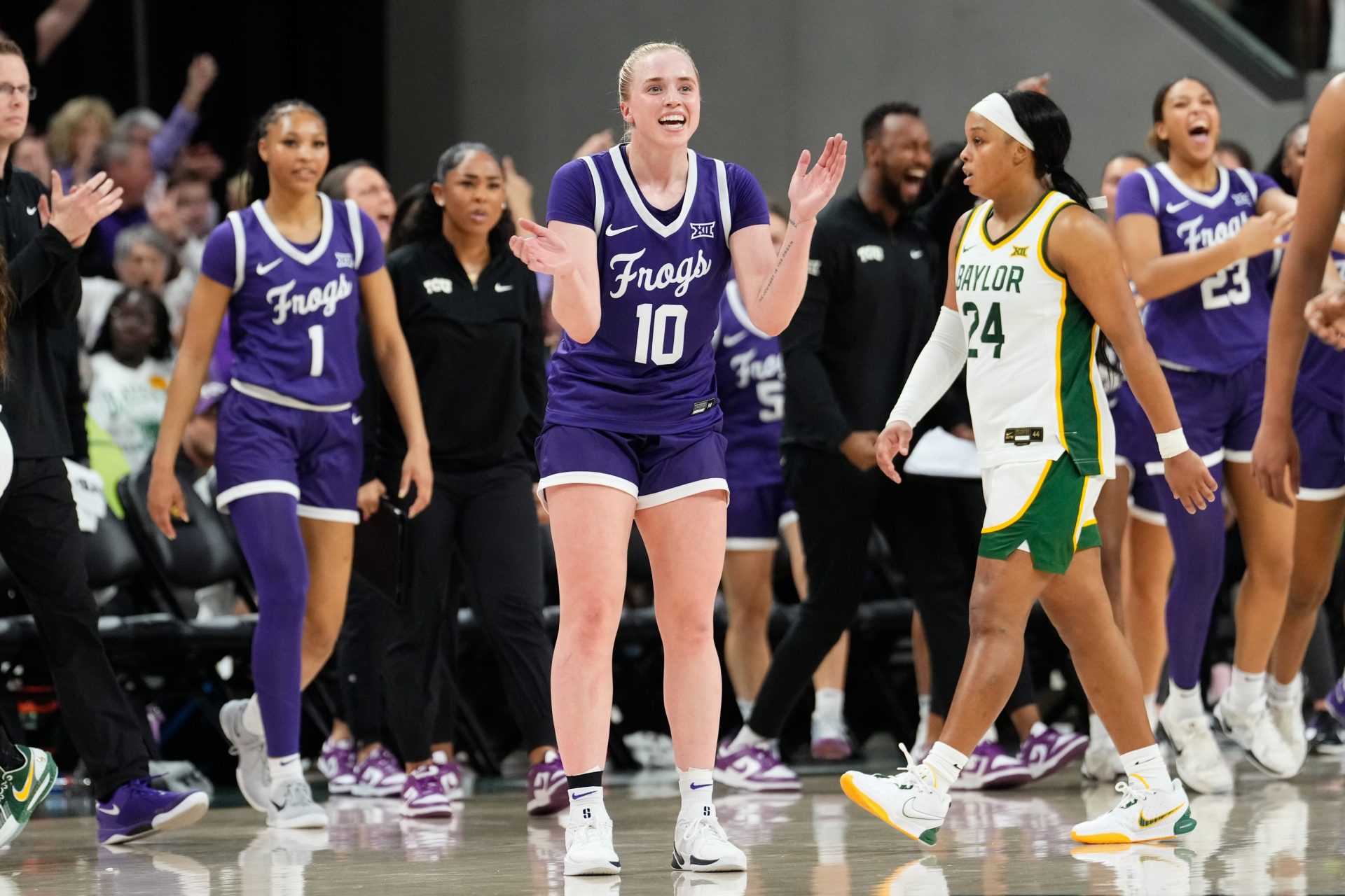 TCU Horned Frogs guard Hailey Van Lith (10) reacts after a play against the Baylor Lady Bears during the second half at Paul and Alejandra Foster Pavilion.