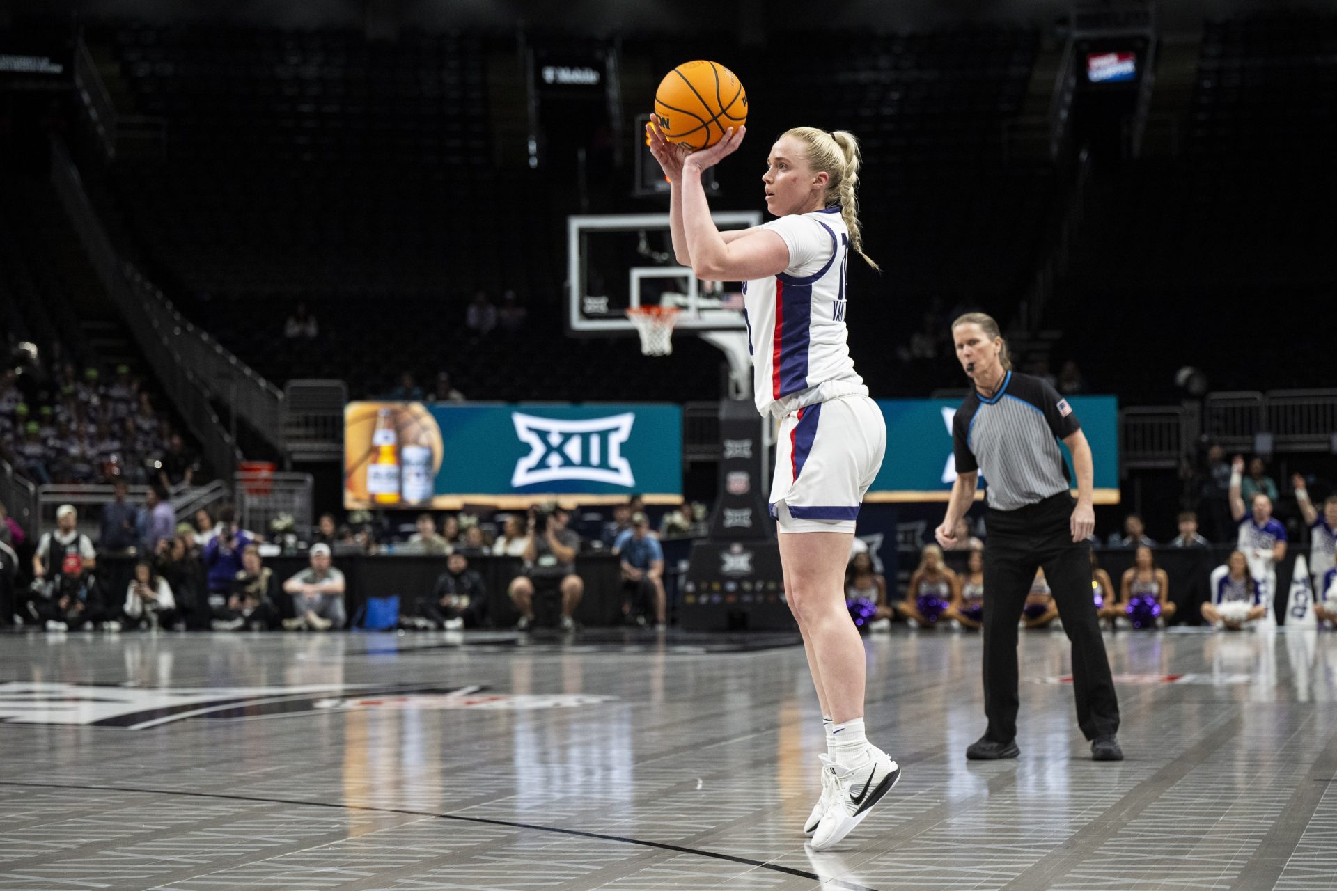 TCU Horned Frogs guard Hailey Van Lith (10) attempts a three point shot against the Colorado Buffaloes during the first quarter at T-Mobile Center.