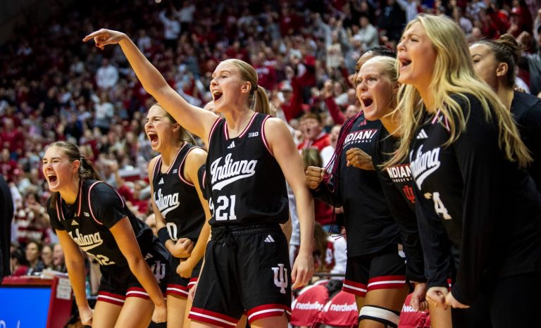 Indiana's Henna Sandvik (21) and the bench celebrate during the Indiana versus UCLA women's game at Simon Skjodt Assembly Hall on Saturday, Jan. 4, 2025.