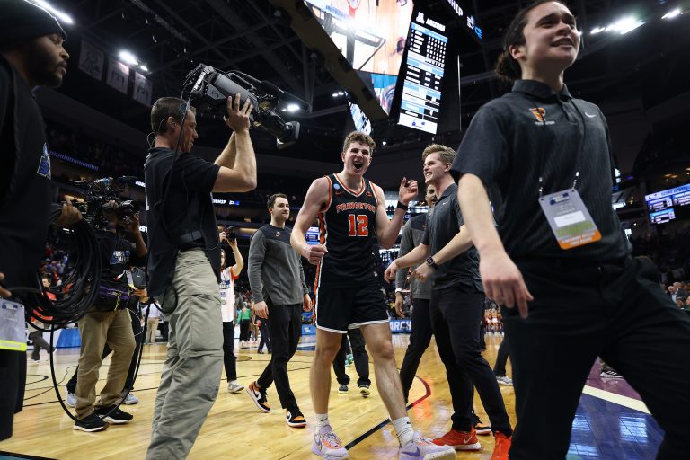 Princeton Tigers forward Caden Pierce (12) celebrates the victory against the Arizona Wildcats at Golden 1 Center.