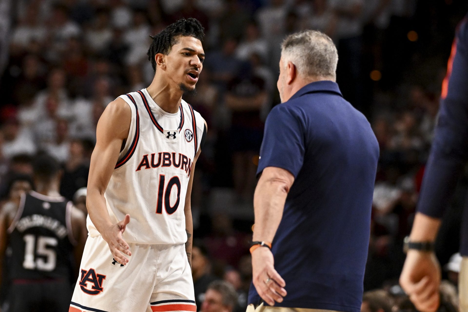 Auburn Tigers guard Chad Baker-Mazara (10) reacts during the first half against the Texas A&M Aggies at Reed Arena.