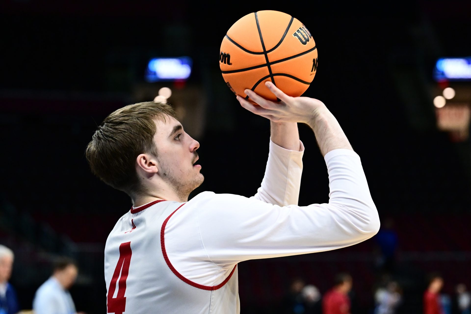 Alabama Crimson Tide forward Grant Nelson (4) shoots during practice at Rocket Arena.