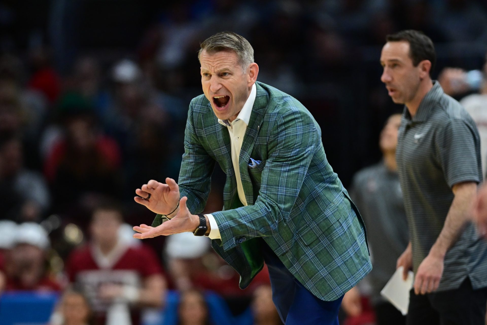 Alabama Crimson Tide head coach Nate Oats reacts in the second half against the Robert Morris Colonials during the NCAA Tournament First Round at Rocket Arena.