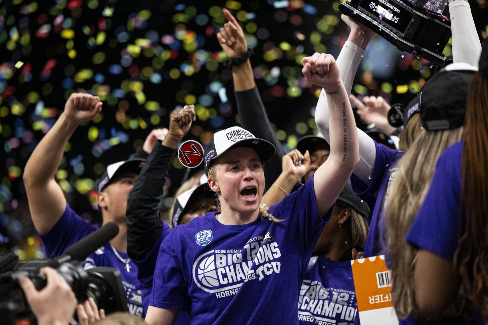 TCU Horned Frogs guard Hailey Van Lith (10) celebrates after defeating the Baylor Lady Bears at T-Mobile Center.