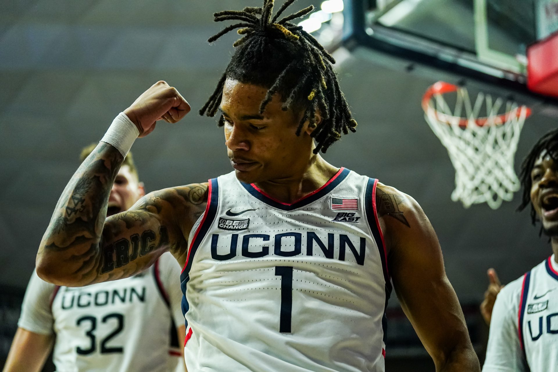 UConn Huskies guard Solomon Ball (1) reacts after his basket against Arkansas-Pine Bluff Golden Lions in the first half at Harry A. Gampel Pavilion.