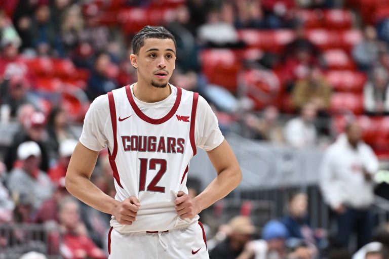 Washington State Cougars guard Isaiah Watts (12) looks on during a game against the Pepperdine Waves in the second half at Friel Court at Beasley Coliseum.