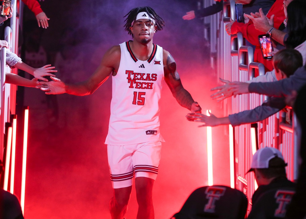 Texas Tech's JT Toppin makes his entrance prior to a non-conference basketball game, Friday, Nov. 8, 2024, at United Supermarkets Arena.