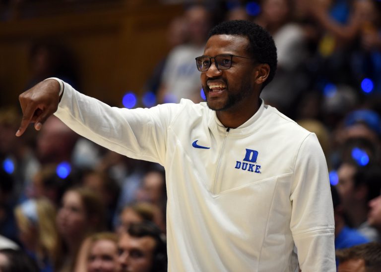 Duke Blue Devils assistant coach Jai Lucas during Countdown to Craziness at Cameron Indoor Stadium.