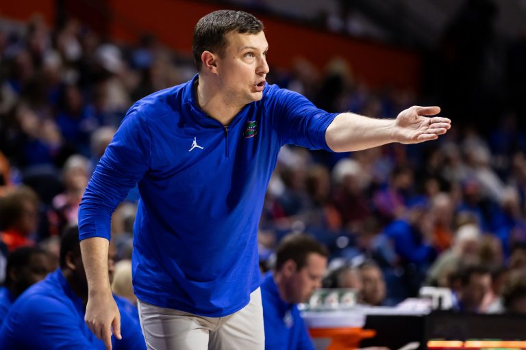 Florida Gators assistant coach John Andrzejek gestures during the first half against the Quinnipiac Bobcats at Exactech Arena at the Stephen C. O'Connell Center.