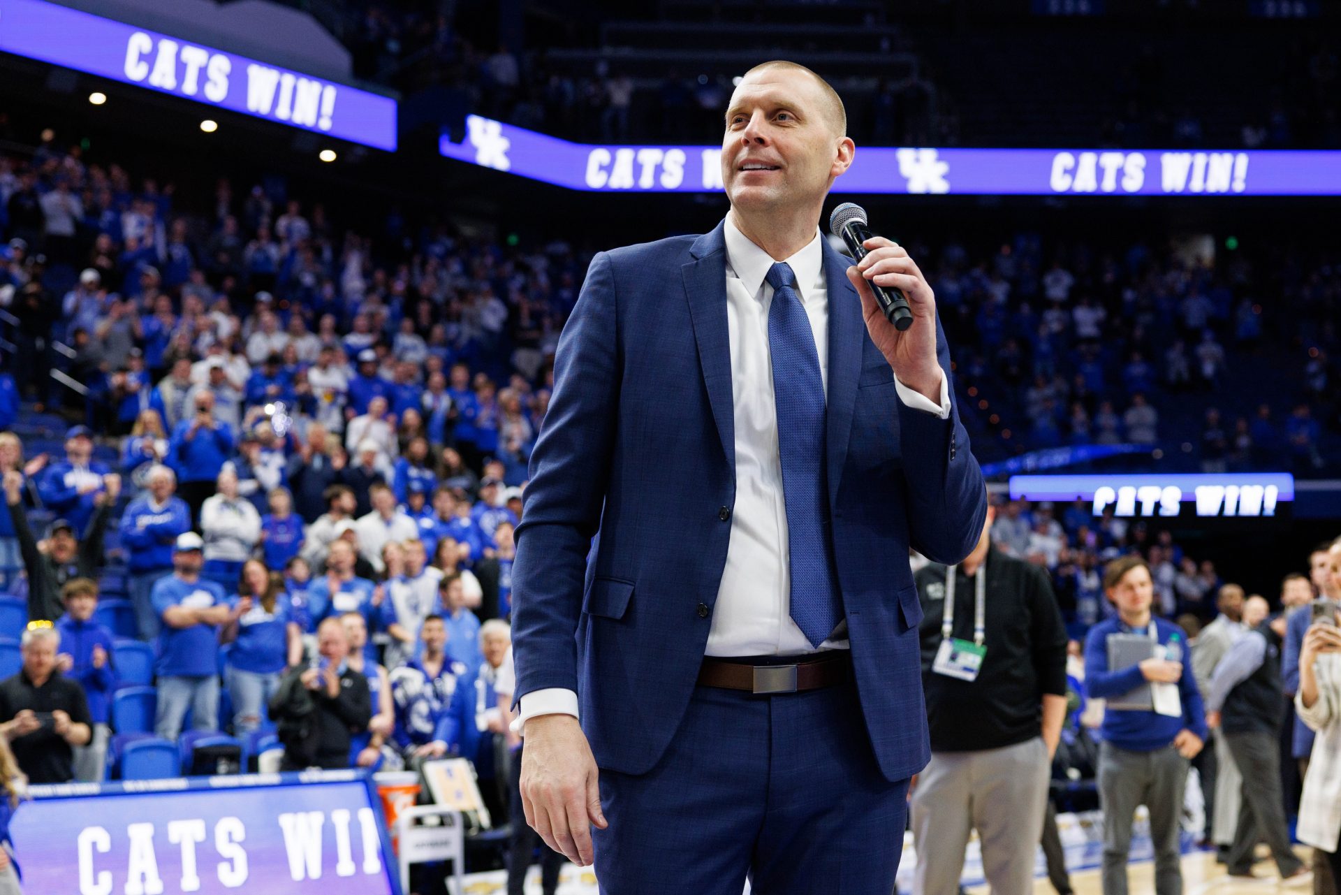 Kentucky Wildcats head coach Mark Pope talks to the crowd after the game against the LSU Tigers at Rupp Arena at Central Bank Center.