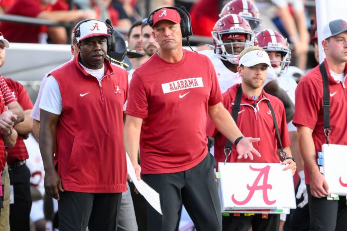 Alabama Crimson Tide head coach Kalen DeBoer gestures on the sidelines against the Vanderbilt Commodores during the second half at FirstBank Stadium.