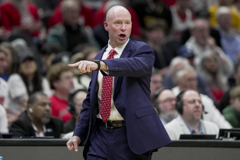 Maryland Terrapins head coach Kevin Willard works the sideline against the Colorado State Rams in the first half at Climate Pledge Arena.