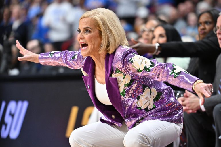 LSU Lady Tigers head coach Kim Mulkey reacts after a play against the UCLA Bruins during the first half of a Elite 8 NCAA Tournament basketball game at Spokane Arena.