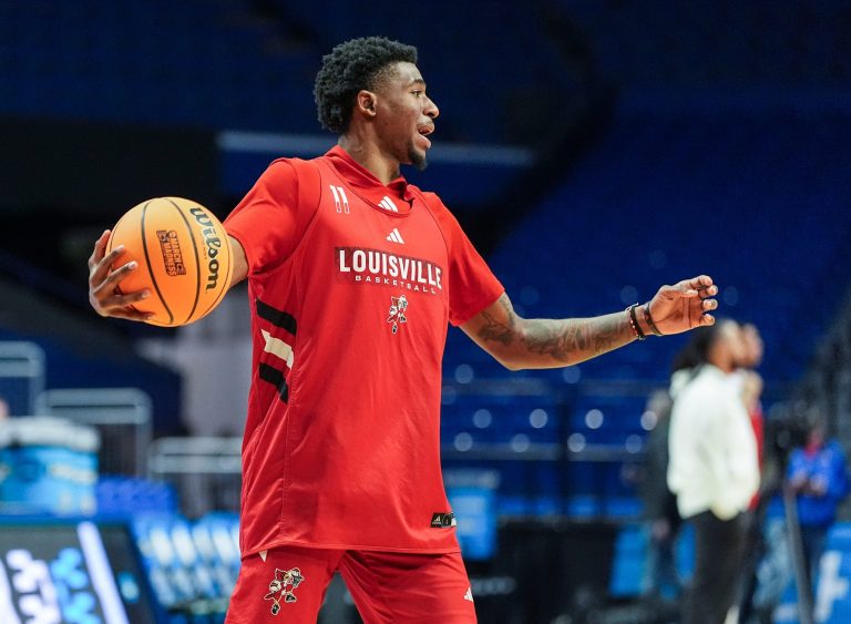 Louisville Cardinals guard Kobe Rodgers (11) makes a pass during practice before the first round of the 2025 NCAA men's basketball tournament In Lexington, Kentucky Wednesday, March 19, 2025.
