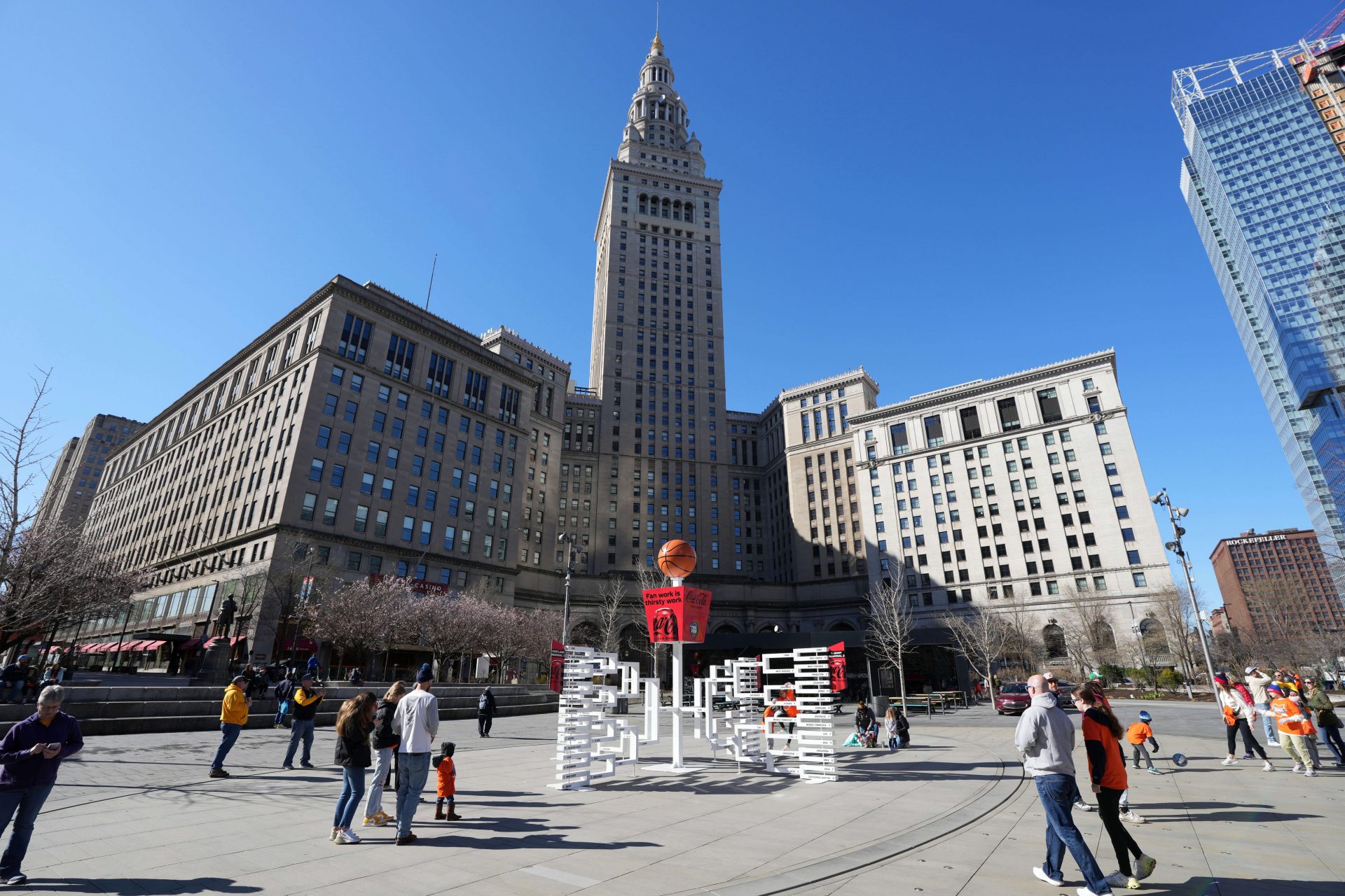 The 2024 NCAA Tournament Women's March Madness basketball tournament playoff bracket at Public Square.