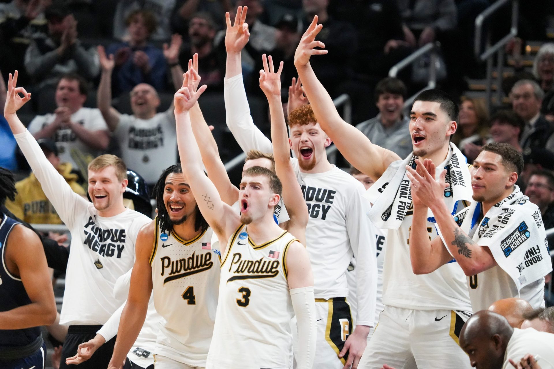 Purdue Boilermakers celebrate after scoring, Sunday, March 24, 2024, during the second round of the NCAA Men’s Basketball Tournament at Gainbridge Fieldhouse in Indianapolis.