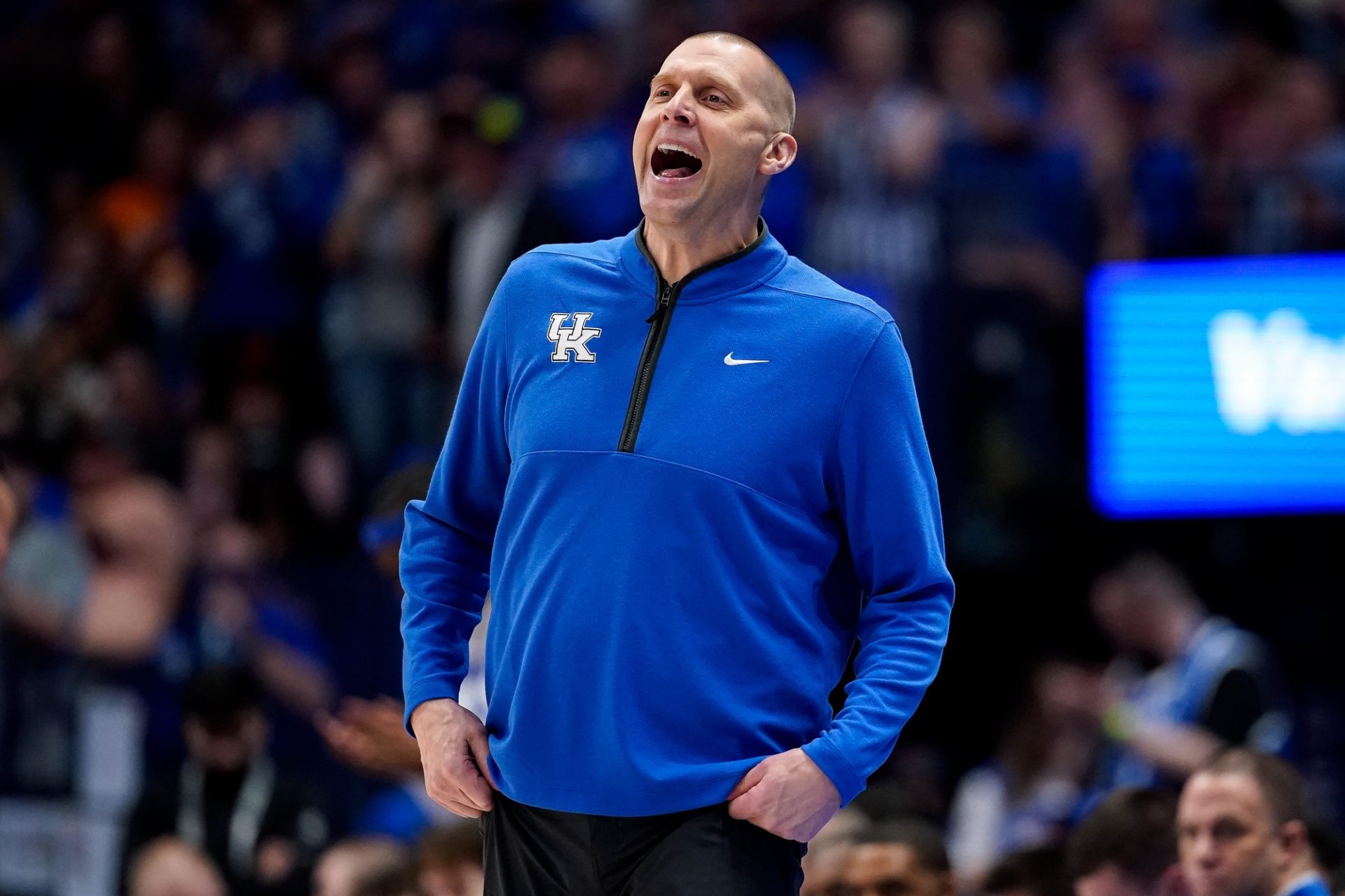 Kentucky head coach Mark Pope yells to his team as they face Alabama during the first half of a Southeastern Conference tournament quarterfinal game at Bridgestone Arena in Nashville, Tenn., Friday, March 14, 2025.