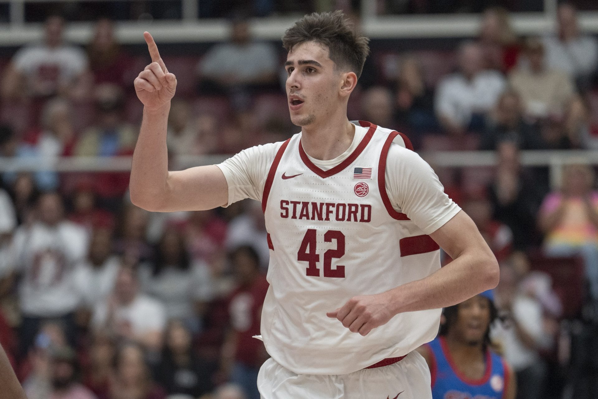 Stanford Cardinal forward Maxime Raynaud (42) signals during the second half against the Southern Methodist Mustangs at Maples Pavilion.