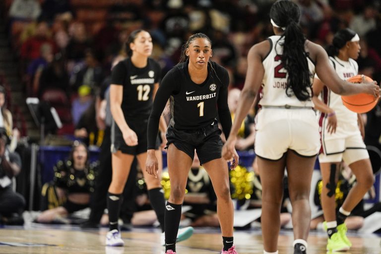 Vanderbilt Commodores guard Mikayla Blakes (1) on defense against South Carolina Gamecocks guard Raven Johnson (25) at Bon Secours Wellness Arena.