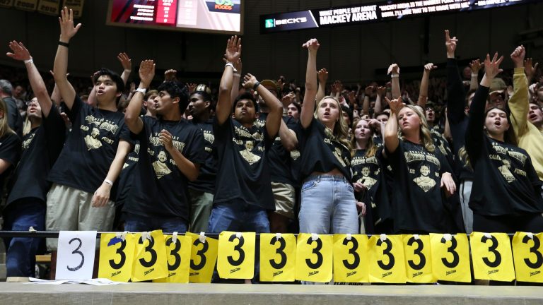 The Purdue Boilermakers student section cheers Tuesday, March 4, 2025, during the NCAA men’s basketball game against the Rutgers Scarlet Knights at Mackey Arena.