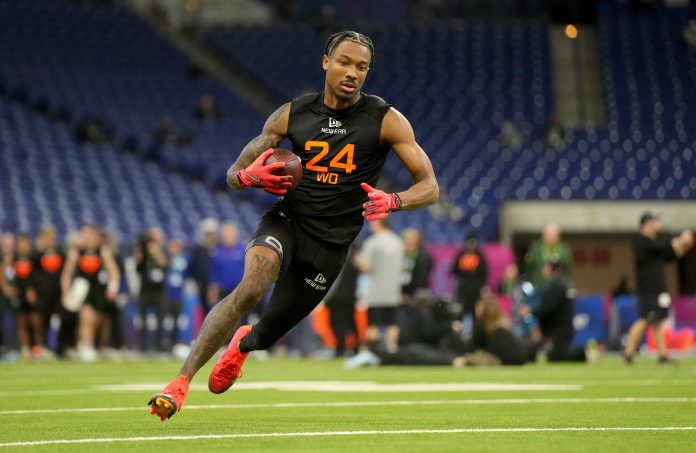 Oregon wideout Tez Johnson (WO24) during the 2025 NFL Combine at Lucas Oil Stadium.