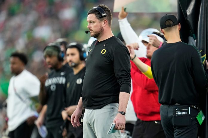 Oregon Ducks head coach Dan Lanning watches from the sideline during the College Football Playoff quarterfinal against the Ohio State Buckeyes at the Rose Bowl in Pasadena, Calif. on Jan. 1, 2025. Ohio State won 41-21.