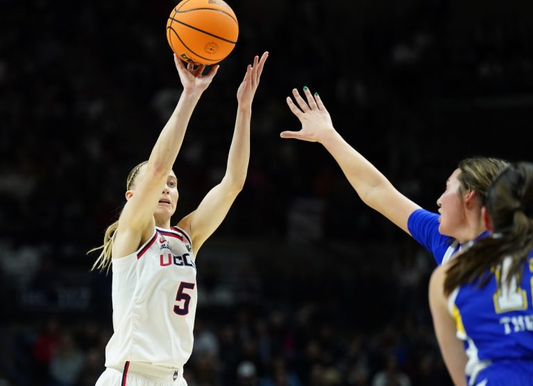 UConn Huskies guard Paige Bueckers (5) shoots against the South Dakota State Jackrabbits in the first half at Harry A. Gampel Pavilion.