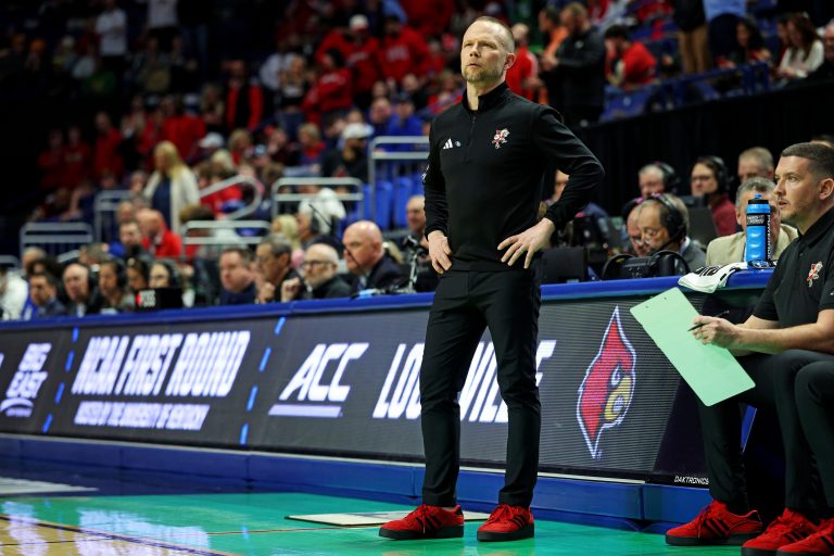 Louisville Cardinals head coach Pat Kelsey looks on during the first half of the game against the Creighton Bluejays in the first round of the NCAA Tournament at Rupp Arena.