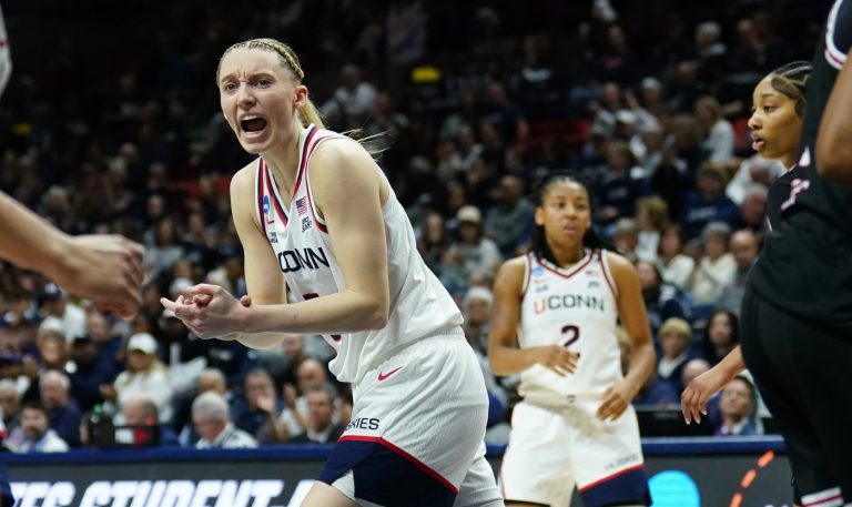 UConn Huskies guard Paige Bueckers (5) reacts after her basket against the Arkansas State Red Wolves in the first half at Harry A. Gampel Pavilion.