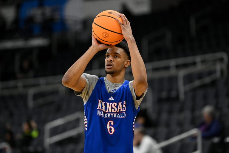 Kansas Jayhawks guard Rylan Griffen (6) practices at Amica Mutual Pavilion.