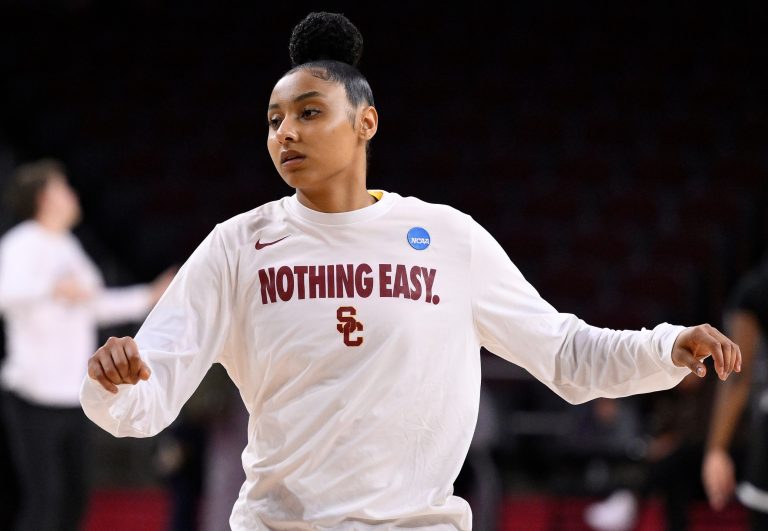 USC Trojans guard JuJu Watkins during pregame warmup before an NCAA Tournament second round game against the Mississippi State Bulldogs at Galen Center.