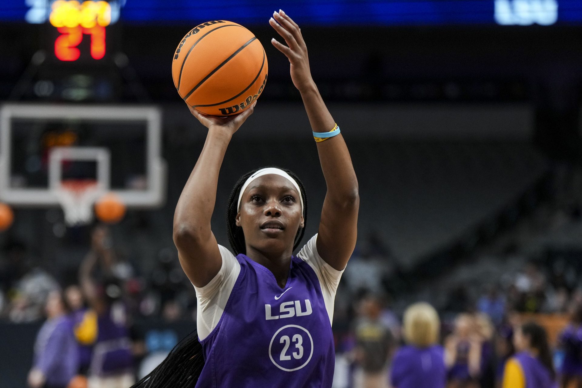 LSU Lady Tigers forward Amani Bartlett (23) shoots during team practice at American Airlines Center.