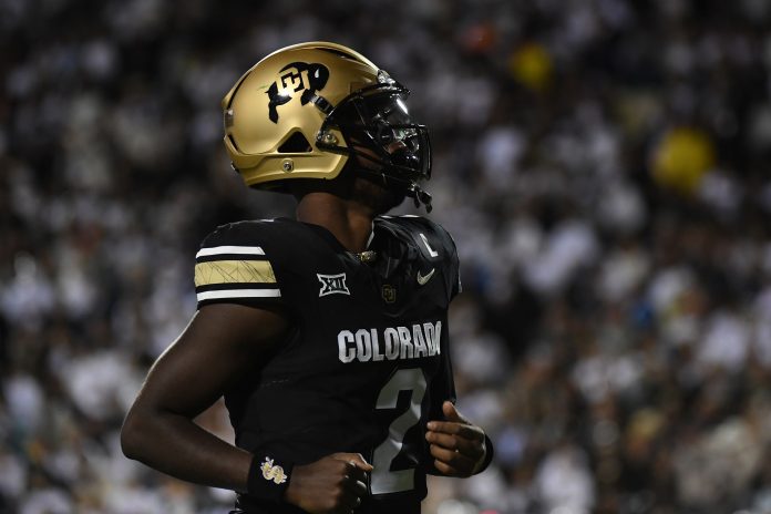 Colorado Buffaloes quarterback Shedeur Sanders (2) during the first half against the Baylor Bears at Folsom Field.