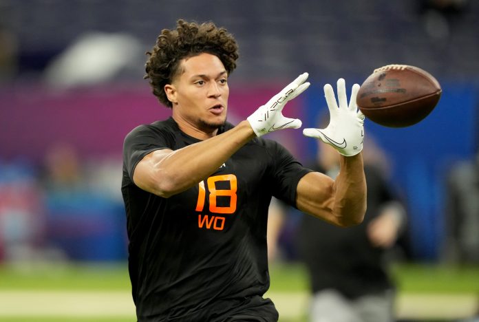 Iowa State wideout Jayden Higgins (WO18) during the 2025 NFL Combine at Lucas Oil Stadium.