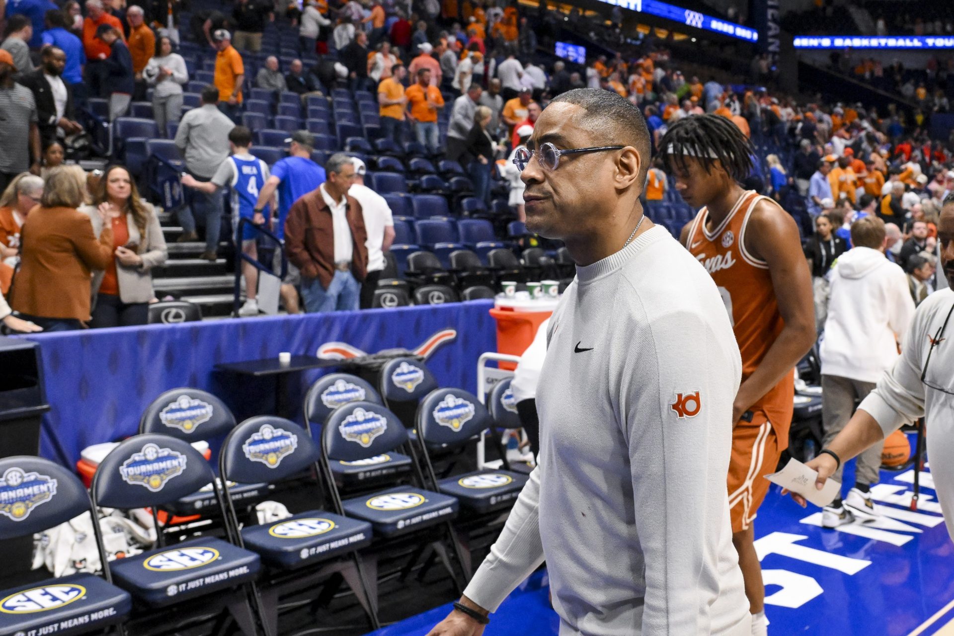 Texas Longhorns head coach Rodney Terry walks off the court after the loss against the Tennessee Volunteers during the second half at Bridgestone Arena.