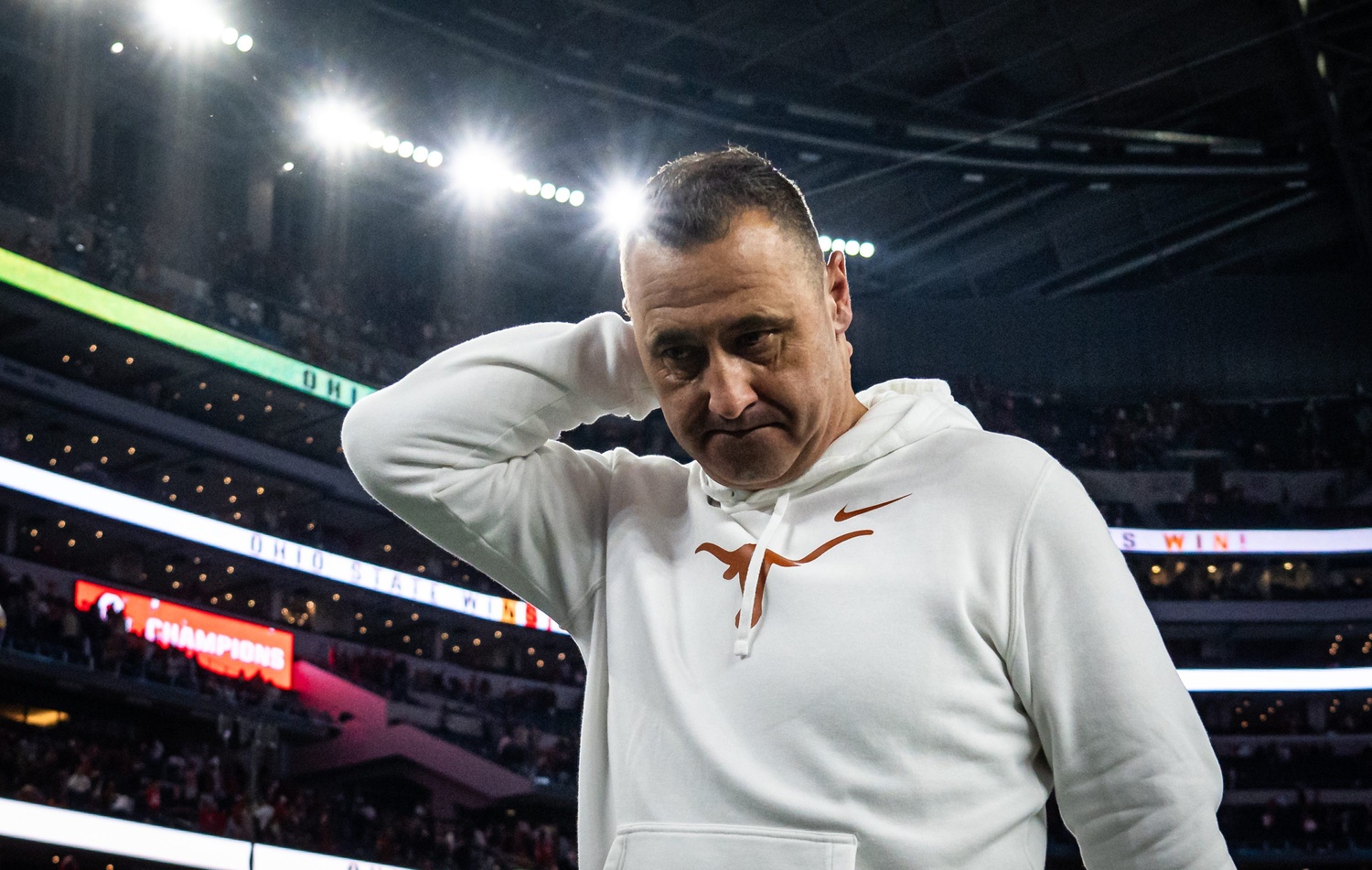 Texas coach Steve Sarkisian reacts as he heads to the locker room after his team's loss to Ohio State in the 2025 Cotton Bowl at A&T Stadium in Dallas.