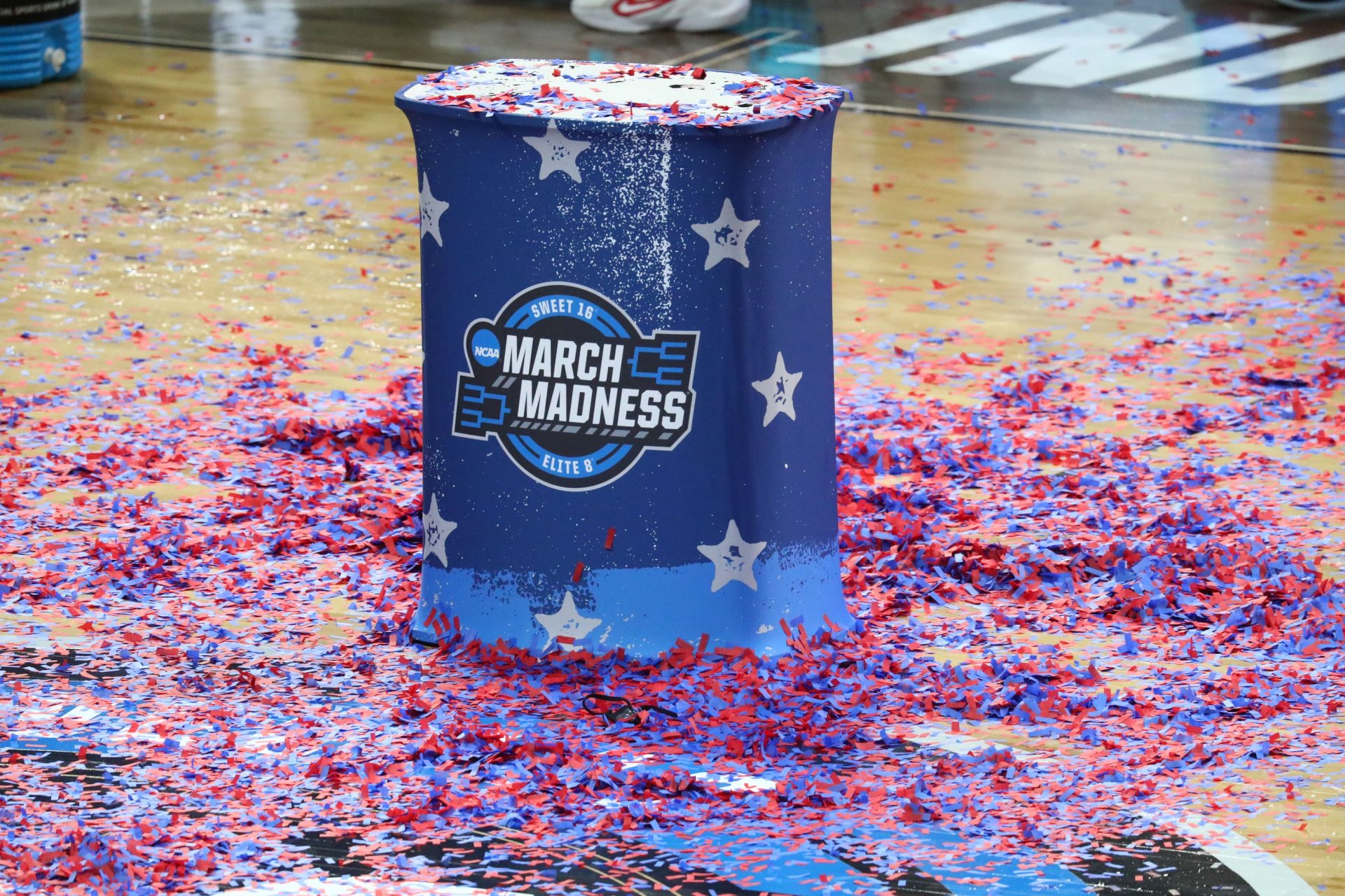 A general view of a March Madness display after the Gonzaga Bulldogs trophy presentation after the game in the Elite Eight of the 2021 NCAA Tournament against the Southern California Trojans at Lucas Oil Stadium.