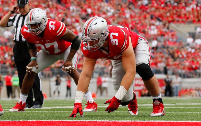 Ohio State Buckeyes defensive lineman Joey Bosa (97) lines up versus the Western Michigan Broncos at Ohio Stadium.