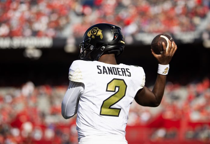 Detailed view of the jersey of Colorado Buffalos quarterback Shedeur Sanders (2) against the Arizona Wildcats at Arizona Stadium.