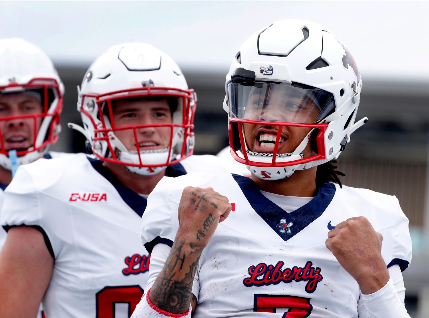 Liberty quarterback Kaidon Salter (7) celebrates his touchdown against Middle Tennessee during the Salute to Veterans & Armed Forces game at MTSU on Saturday, Nov. 9, 2024.