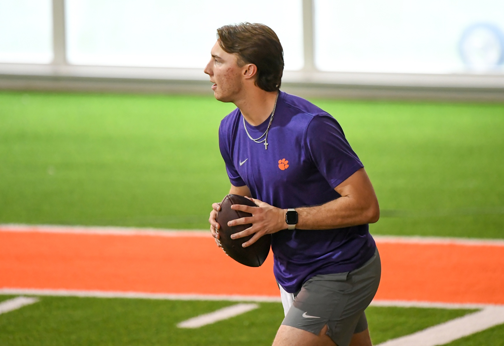 Clemson quarterback Cade Klubnik passes to former during Clemson Football 2025 Pro Day at Poe Indoor Facility.