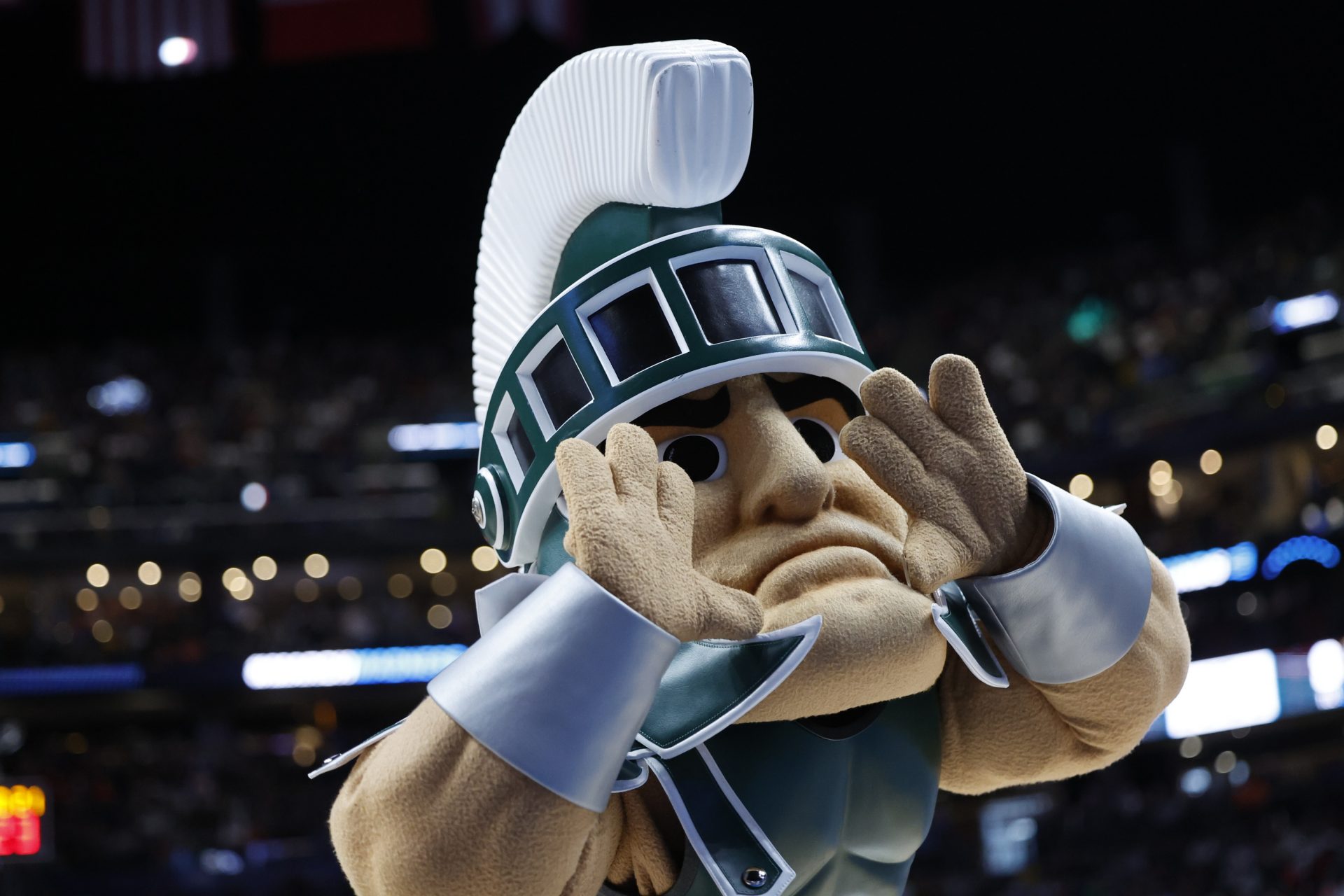 Michigan State Spartans mascot Sparta in the first half against the Marquette Golden Eagles at Nationwide Arena.