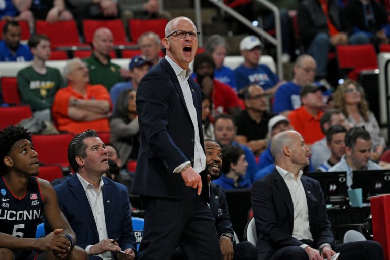 Connecticut Huskies head coach Dan Hurley reacts during the first half against the Florida Gators in the second round of the NCAA Tournament at Lenovo Center.